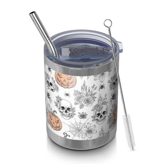 12oz Tumblers White Halloween Skull Pumpkin Spider Vacuum Insulated Stainless Steel Travel Tumbler Cups Mug with Lid and Straw for Beer,Coffee,Beverages with Cleaning Brush for Cold & Hot Drinks