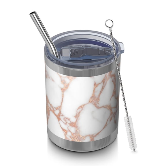 12oz Tumblers White Marble Rose Gold Line Pattern Vacuum Insulated Stainless Steel Travel Tumbler Cups Mug with Lid and Straw for Beer,Coffee,Beverages with Cleaning Brush for Cold & Hot Drinks