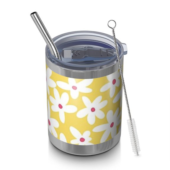 12oz Tumblers Yellow Daisy Flower Red Centers Pattern Vacuum Insulated Stainless Steel Travel Tumbler Cups Mug with Lid and Straw for Beer,Coffee,Beverages with Cleaning Brush for Cold & Hot Drinks