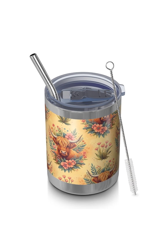 12oz Tumblers Yellow Highland Cow Flower Pattern Vacuum Insulated Stainless Steel Travel Tumbler Cups Mug with Lid and Straw for Beer,Coffee,Beverages with Cleaning Brush for Cold & Hot Drinks