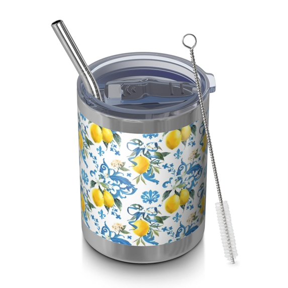 12oz Tumblers Yellow Lemon Fruit Patterns Blue White Vacuum Insulated Stainless Steel Travel Tumbler Cups Mug with Lid and Straw for Beer,Coffee,Beverages with Cleaning Brush for Cold Hot Drinks