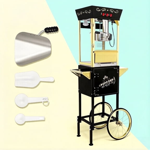 12oz Vintage Popcorn Machine Cart Commercial Grade Stainless Steel Kettle Popcorn Maker, Retro Movie Theater Style with Wheels, Perfect for Parties , Events & Home Use (Black & Gold)
