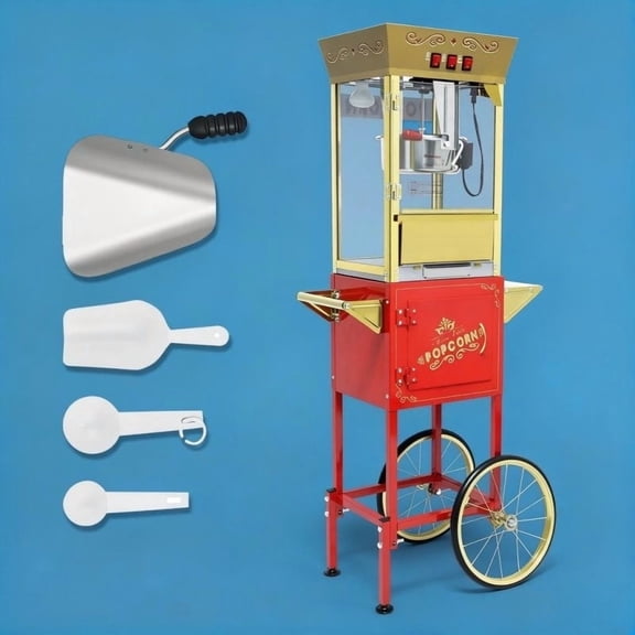 12oz Vintage Popcorn Machine Cart with Wheels Retro Movie Theater Style Popcorn Maker with Stainless Steel Kettle, Perfect for Parties, Events & Home Use (Red& Gold)