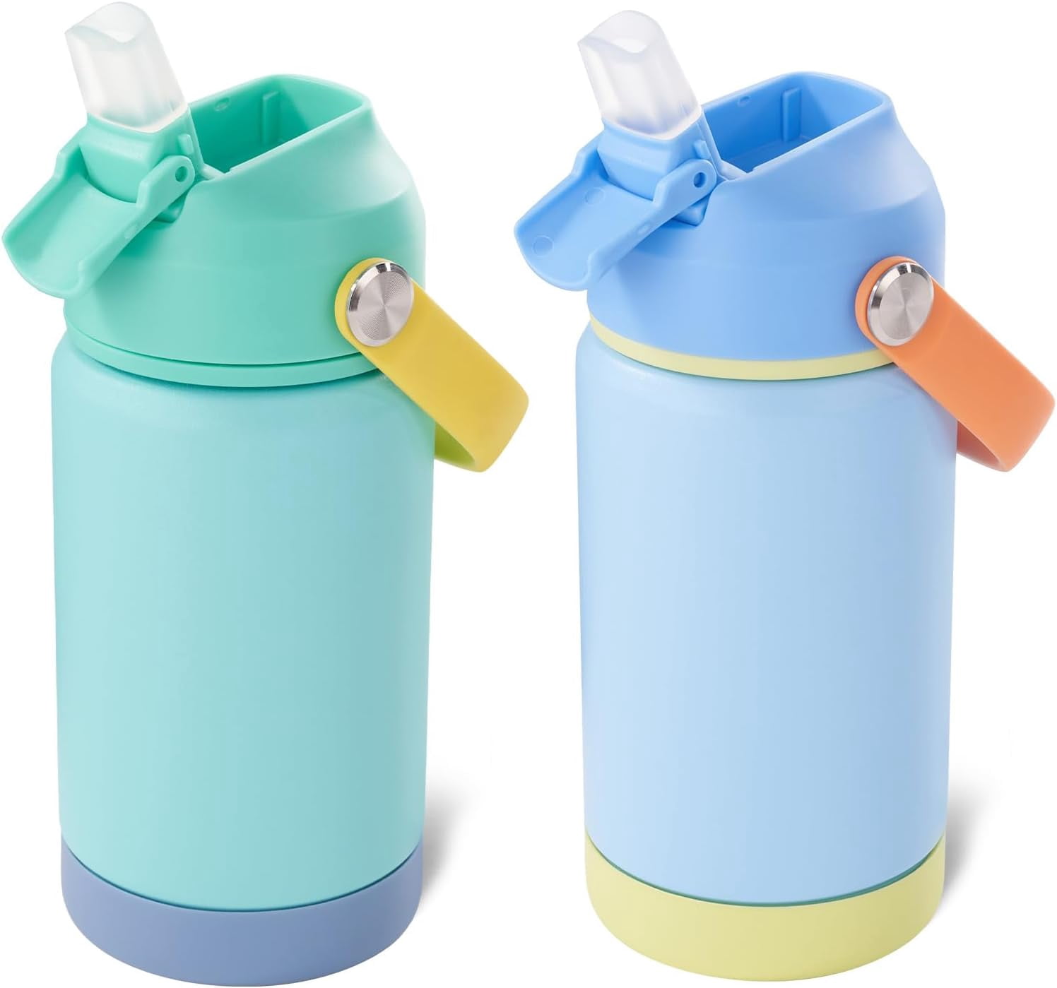 12oz  Water Bottle 2 Pack, Stainless Steel Insulated Water Bottle For , Toddler Cup With Straws Leak-proof,  Water Bottles For School Boys Girls, BPA Free, Twilight Green+Sky 2-piece set