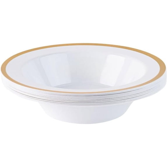 12oz White Plastic Round Bowls with Gold Rim - Wide Rimmed Disposable Plastic Soup Bowls, Heavy Duty Salad Bowls, Dessert Bowl, Baby Showers, Weddings, Birthday Party, BPA Free (100)