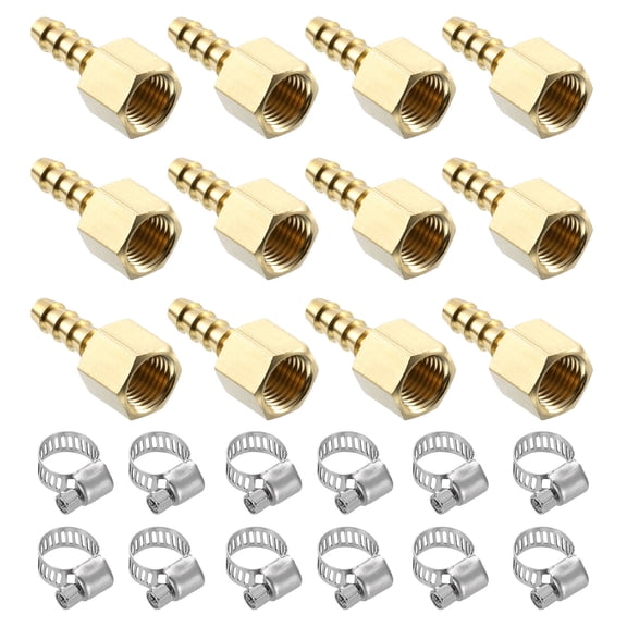 12pack Brass Barb Fittings, 1/4" Barb x 1/4" NPT Female with Clamps for Water Fuel Air, Mechanical Devices