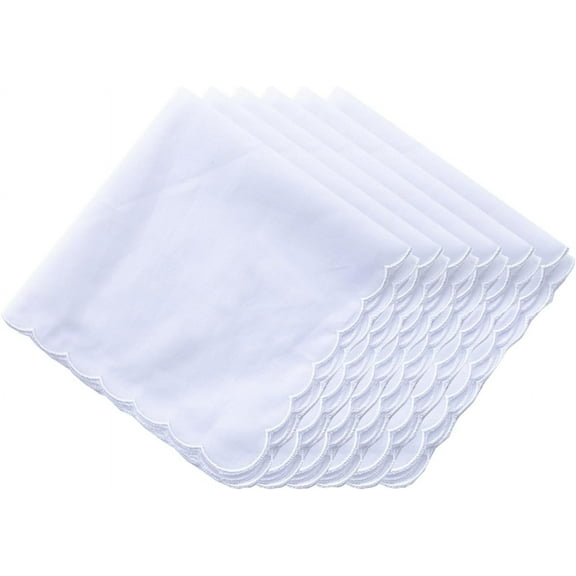 12pack -Bulk Pack Handkerchiefs Cotton Scalloped Hankies Pocket Square Towel White 11 Inches