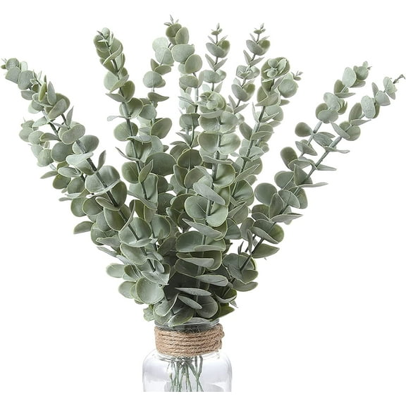 12pack Eucayptus Stems Real Touch Leaf Fake Greenery Decor Plastic Artifical Plants Faux Eucalyptus Leaves Wedding Bouquet Dining Table Centerpiece Home Decor (Green) A