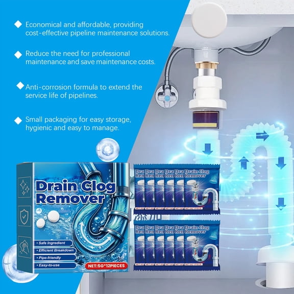 12pack Powerful Pipe Clog Remover Tablets | Drain Cleaner for Kitchen Sink, Bathroom, Toilet & Shower Dissolves Hair, Grease & Blockages Safe, Eco-Friendly & Easy to Use
