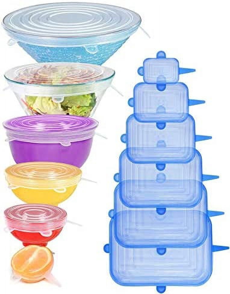 [12pack] Silicone Stretch Lids 6 Clear Round 6 Blue Rectangle, Magic ...