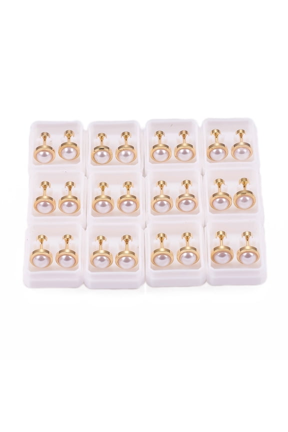 12pairs 304 Stainless Steel Earlobe Plugs Screw Back Earrings with Plastic Imitation Pearl Flat Round Golden Thistle 13mm Pin: 1mm