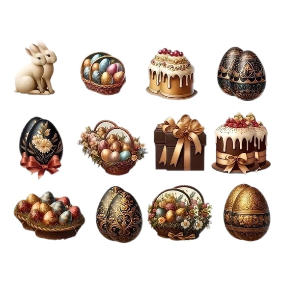 12pc 2D Retro Easter Wooden Ornaments Set - Vintage Style Eggs, Bunny & Floral Basket Cutouts for Spring Home Decor & Holiday Crafts (A)