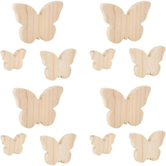 12pc 3 Sizes Unfinished Wooden Butterfly Shaped Blocks Tray Plates Blank Cutouts Display Pieces for Home Kitchen Office Shelf Coffee Bar Decor - 1.8cm Thick Beige
