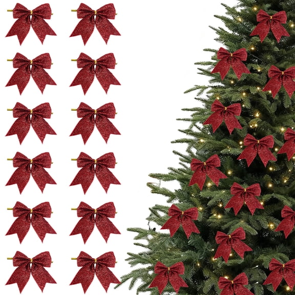 12pc Christmas Bow Decorations 9cm Mini Small Christmas Tree Hanging Ribbon Bows Ornaments (Red)