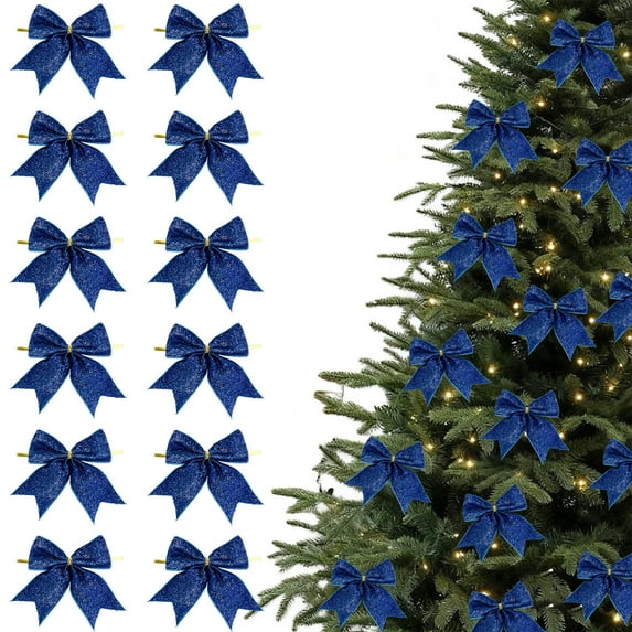 12pc Christmas Decorations - 3.54in Mini Bow-Shaped Hanging Ornaments, Cute Size for Christmas Tree & Home Holiday Display, Durable Material for Years, Shimmering Blue