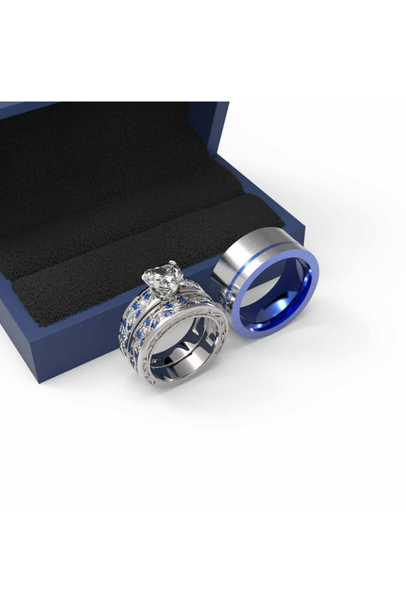 3pc Couples Wedding Ring Sets His And Hers Women Sterling Silve Heart Moissanite and men Wedding Bands