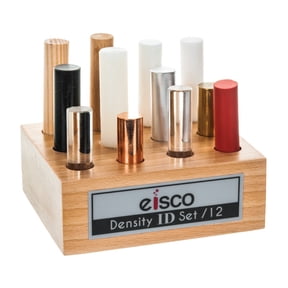 12pc Cylindrical Bars Density ID Set - Hardwood, Softwood, Aluminum, Copper, Brass, Rubber, Nylon, Derlin, PVC, Glass, Acrylic & Teflon - Includes Storage Block - Study Density & Mass - Eisco Labs