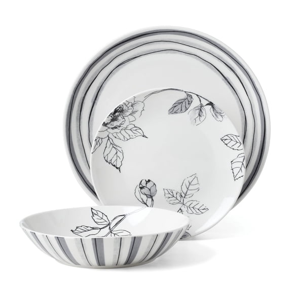 12pc Dinnerware Set Gray/White: Porcelain, Floral Pattern, Service for 4, Includes Plates & Bowls