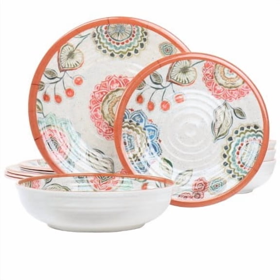 12pc Melamine Dinnerware Set - Floral Pattern, Off-White, Service for 4, Dishwasher-Safe, Includes Plates & Bowls