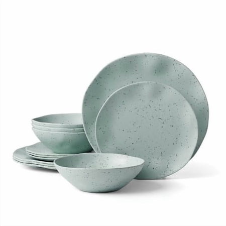 12pc Melamine Dinnerware Set Terrazzo Mint: Abstract Pattern, Service for 4, Dishwasher-Safe Plates & Bowls