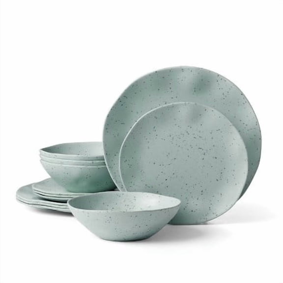 12pc Melamine Dinnerware Set Terrazzo Mint: Abstract Pattern, Service for 4, Dishwasher-Safe Plates & Bowls