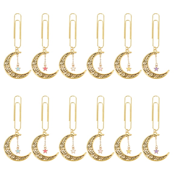 12pc Moon & Star Pendant Paper Clips 6 Colors 3.8 Inch Alloy Modern Design Metal