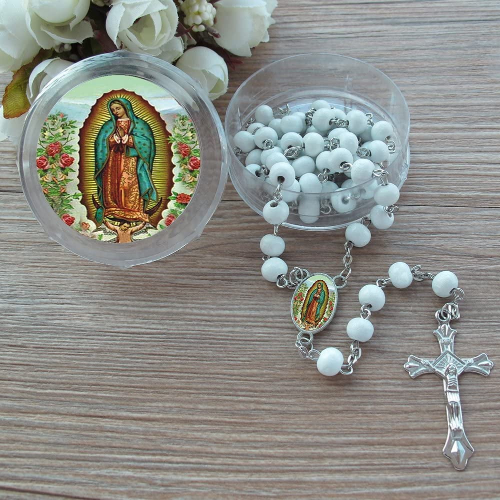 GIFTS BY RD 12pc Our Lady of Guadalupe White Bead Scented Rosaries for Baptism, First Communion Regligious Event Clear Gift Box