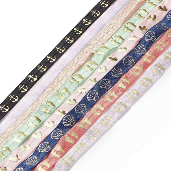 12pc Polyester Elastic Printed Ribbon Hot Stamping Ribbon Footprint & Shell Mixed Color Mixed Patterns 5/8 inch(15mm) 1 yard/pc
