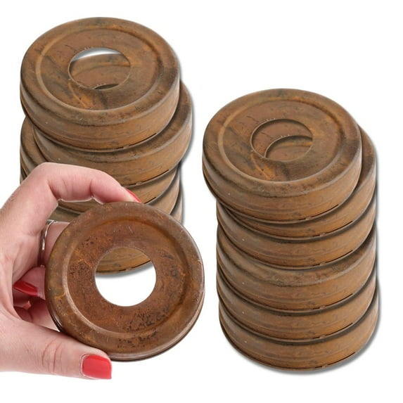 12pc Rusted Tin Mason Jar Lid Set (1-1/16" Hole) - for Rustic Decor - Factory Direct Craft