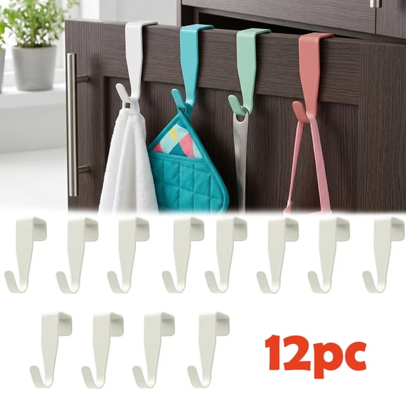 12pc Single Hooks Over Cabinet Door Hook, Carbon Steel Hanger Hook Over The Door Drawer Hooks, Metal J-Hooks for Kitchen, Bathroom, Laundry Room, Hanging Hooks, Space-Saving Organizer, 4 Colors