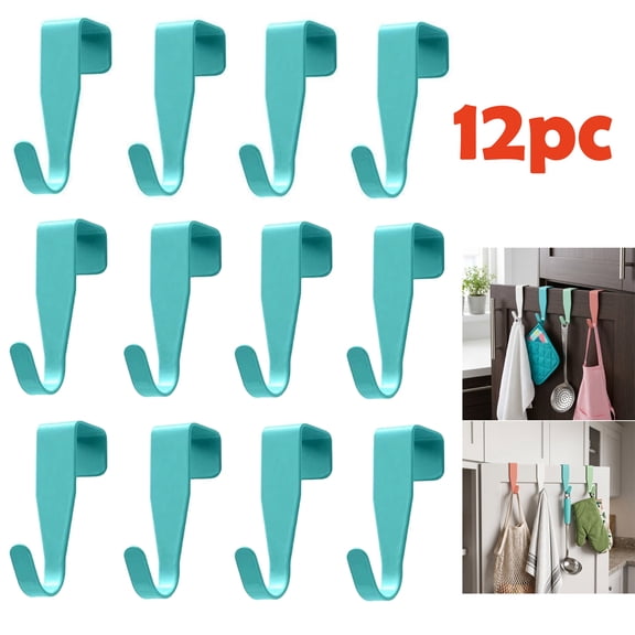 12pc Single Hooks Over Cabinet Door Hook, Carbon Steel Hanger Hook Over The Door Drawer Hooks, Metal J-Hooks for Kitchen, Bathroom, Laundry Room, Hanging Hooks, Space-Saving Organizer, Blue