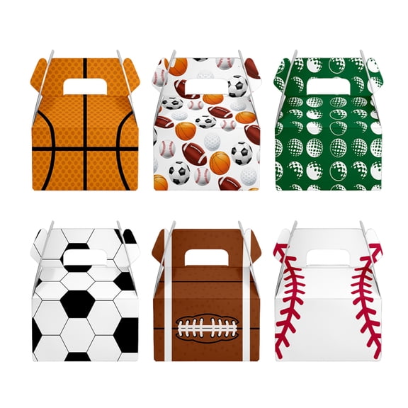 12pc Sports Theme Party Favor Boxes Paper Treat Boxes with Handles for Candy Snacks Small Gifts and Party Supplies