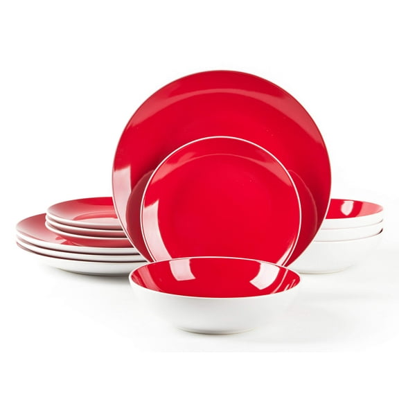 Stoneware Dinnerware Set, 12pc Coupe Shape - Red Inside, White Outside - Service for 4 - Plates, Bowls - Microwave & Dishwasher Safe