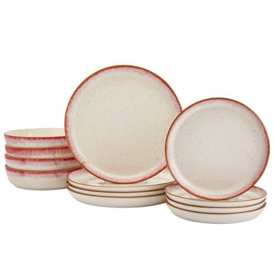 12pc Stoneware Dinnerware Set Cream/Red - Ombre Design, Service for 4, Dishwasher & Microwave Safe