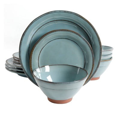 12pc Terracotta Terranea Dinnerware Set: Turquoise Blue, Microwave & Dishwasher Safe, Service for 4