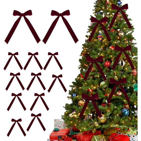 12pc Velvet Christmas Bows for Christmas Tree 7.09×5.1inch Red Velvet Ribbon Bows Diy Crafts Gift Bows Vintage Wreath Bow Decoration Holiday Ornaments for Christmas Tree Garland Wrapping Decor