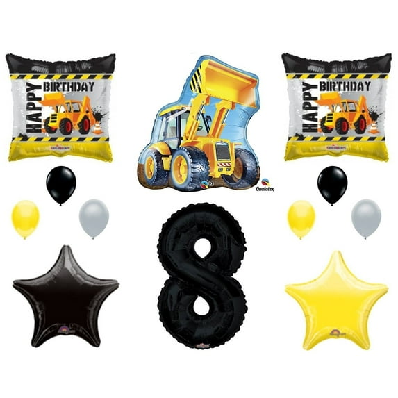 12pc new BALLOON set 8th BIRTHDAY party CONSTRUCTION truck DUMP bulldozer TRACTOR gift FAVORS decorations PHOTO booth PROPS