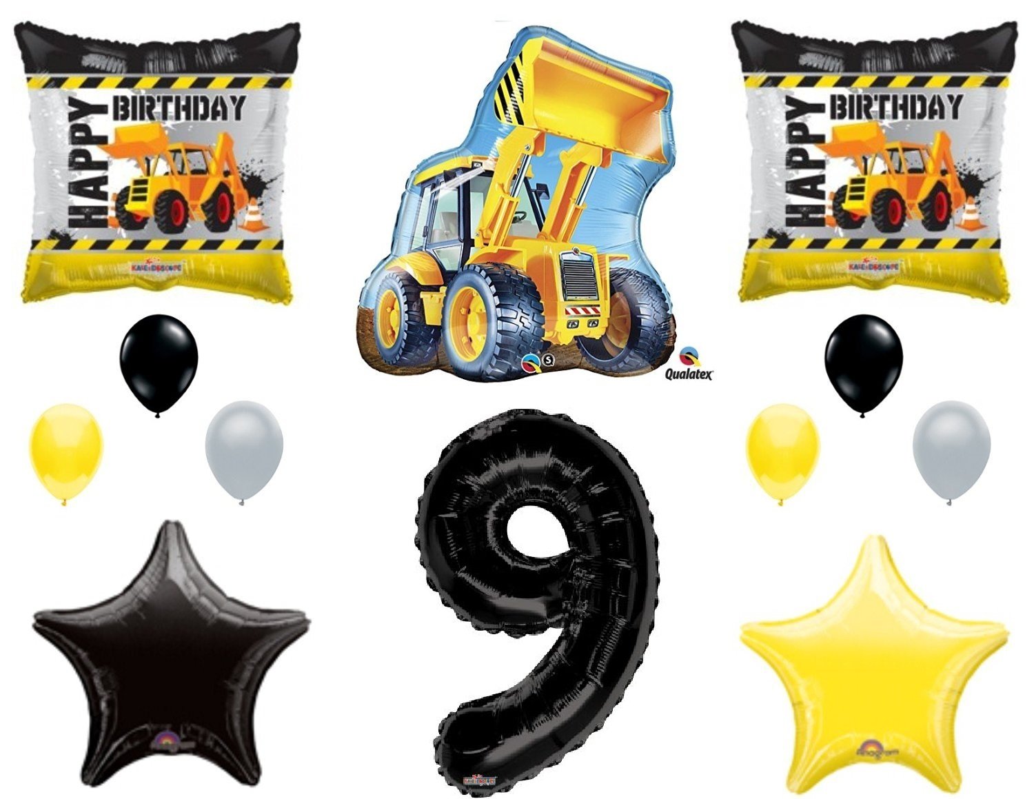 MIXED SOURCE SET 12pc new BALLOON set 9th BIRTHDAY party CONSTRUCTION truck DUMP bulldozer TRACTOR gift FAVORS decorations PHOTO booth PROPS