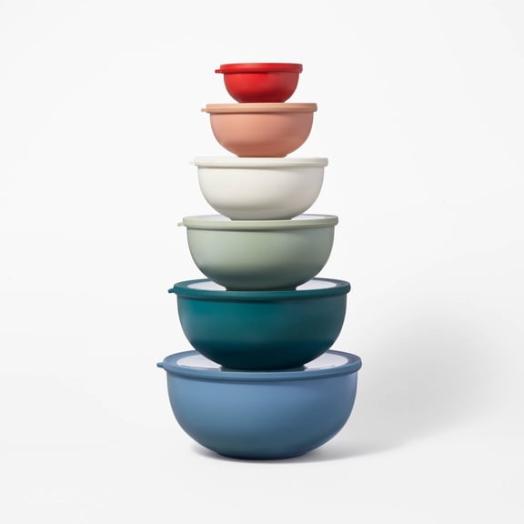 12pc (set of 6) Plastic Mixing Bowl Set with Lids -Nesting, Multicolor, Dishwasher & Microwave Safe