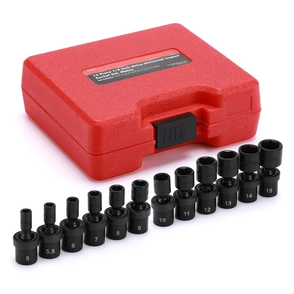 12pcs 1/4" Drive Shallow Universal Impact Socket Set, CR-MO 6-Point, Flexible Swivel Wobble, Metric 5mm-15mm, with Storage Case for Auto & Mechanical Repair