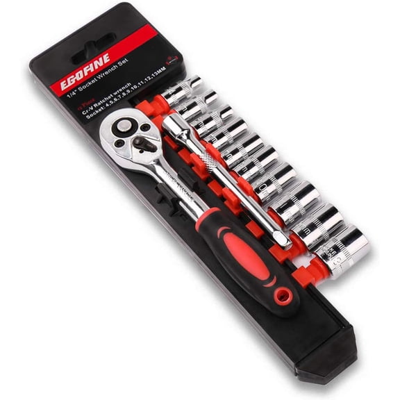 12pcs 1/4 Inch Mini Ratchet Socket Wrench Set, Drive Socket Set with 10 Sockets (4-13mm) and 2 Way Quick Released Ratchet Handle and Extension Bar