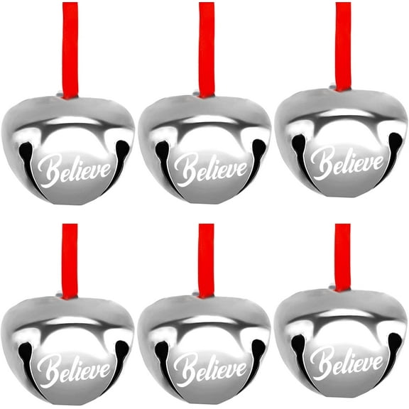 12pcs 1.6 Inch Believe Bell Ornament Metal Christmas Sleigh Bells with Red Ribbon for Christmas Tree Holiday Decoration,Silver