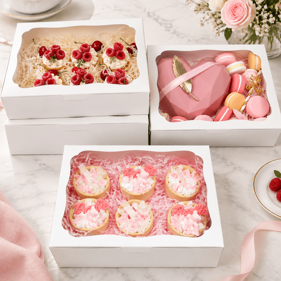 12pcs 10x8x2.5 Inch White Bakery Boxes Treat Boxes with Window for Pastry, Cookie, Desserts, Chocolate Strawberries, Pies, Donuts, Muffins, Cupcake