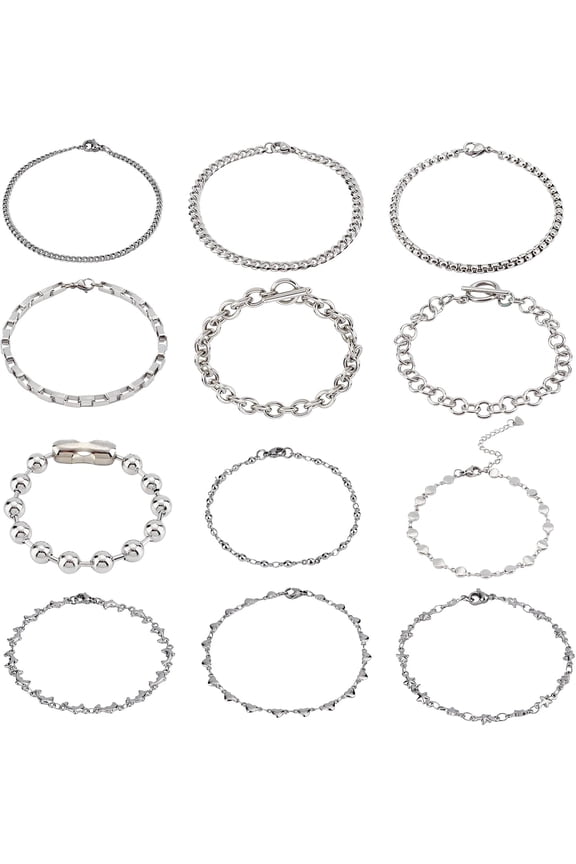 12pcs 12 Styles 304 Stainless Steel Assorted Chain Bracelet Sets Dolphin/Heart Link Bracelets Venetian/Ball Chain Bracelets for Jewelry Making Silver