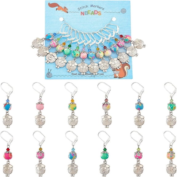 12pcs 12 colors Alloy Sheep with Polymer Clay Beaded Locking Stitch Markers with 304 Stainless Steel Earrings Hooks Mixed color 55mm Pin: 0.8mm
