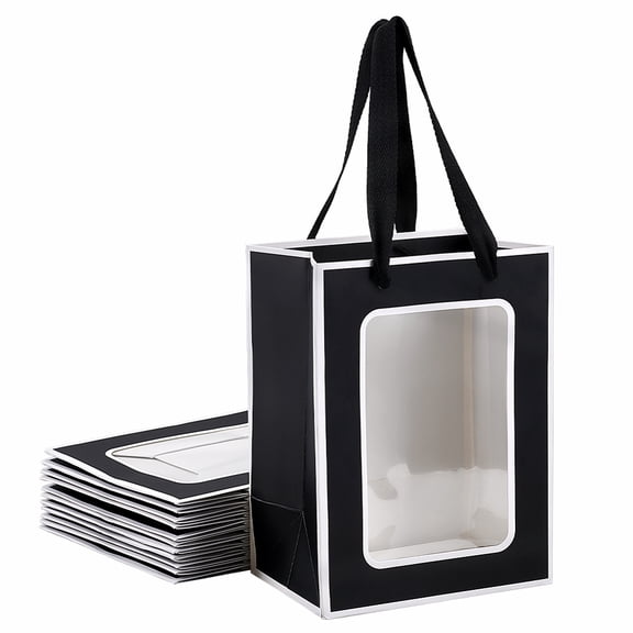 12pcs 12 pcs Kraft Paper Gift Bags with Clear Window 7.9x5.9x4.1inch Paper Gift Tote Bags with Handles Paper Shopping Bags for Birthday Bridal Shower Festival Party Black White
