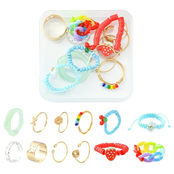 12pcs 12 style Cherry & Strawberry & Flower Glass Seed & Polymer Clay Heishi Beaded Stretch Finger Rings Acrylic Curb Chain Rings Copper Wire Open Cuff Rings for Women Mixed color Size 6