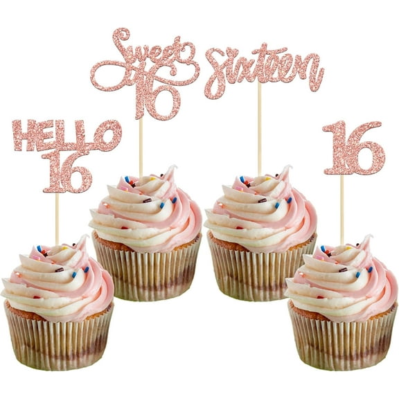 12pcs 16th Birthday Cupcake Toppers Sweet 16 Cake Toppers Hello 16 Sixteen Cupcake Picks for 16th Birthday Cake Decorations Supplies Rose Gold