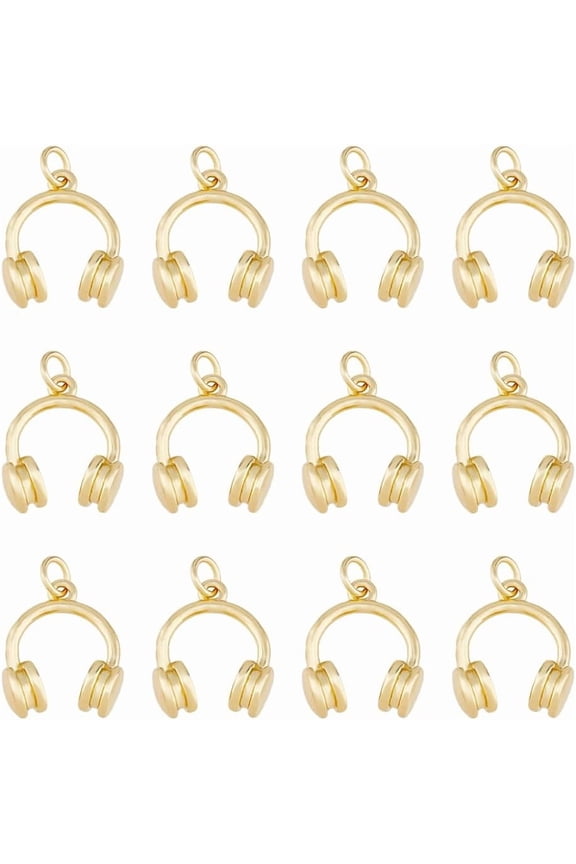 12pcs 18K Gold Plated Brass Charms Headphone Punk Rock Charms Headset Musical Charm with Jump Rings