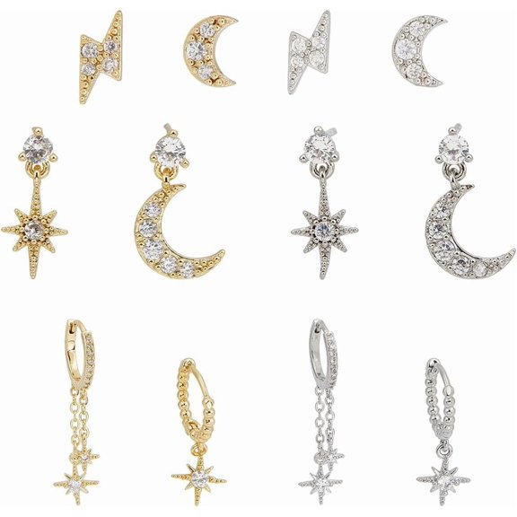 12pcs 18K Gold Plated Dainty Earring Sets Cubic Zirconia Earrings Star Dangle Earrings Gold Earrings for DIY Women Multiple Piercing Huggie Dangle Hoop Asymmetrical Studs Jewelry Gift for DIY Wedding